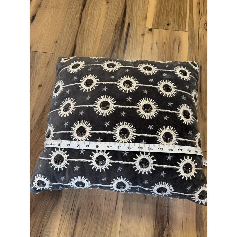 Gray Velvet Celestial Sun Moon Stars Beaded Embroidered Throw Pillow 20x20